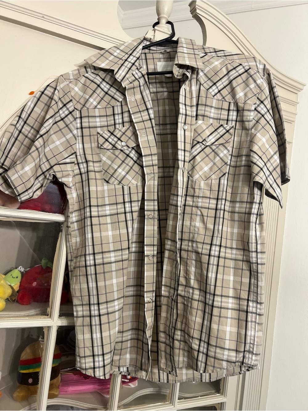 Men's Casual Short-Sleeve Plaid Button-Down Shirt - Beige